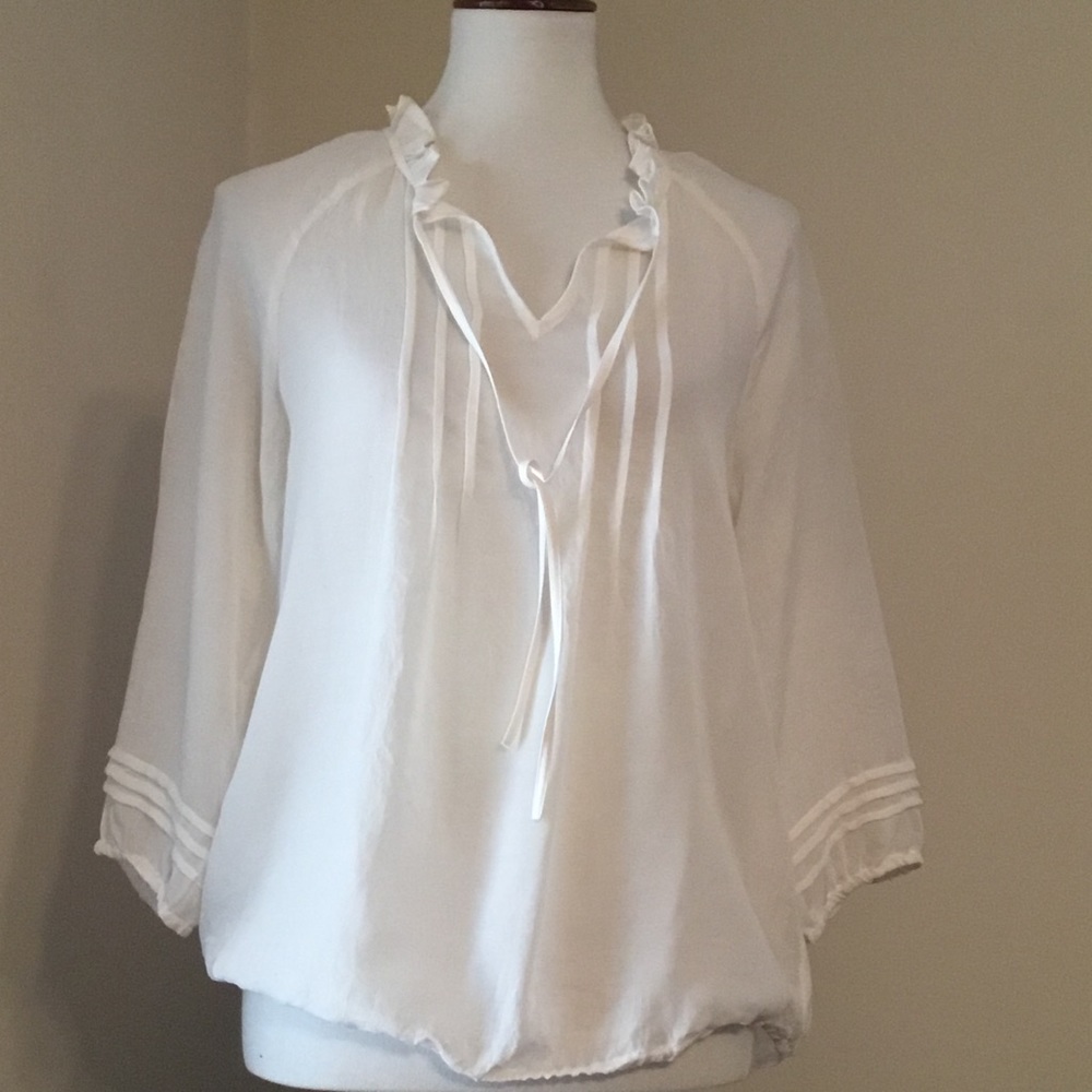 LOFT sheer blouson type at hem&cuffs, 3/4 sleeve,flowy, ruffle & ties at neck, M